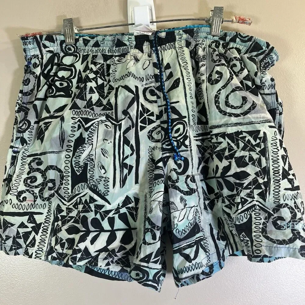 Vtg Speedo Men's Size Large Swim Shorts Blue Aztec Geometric Beach